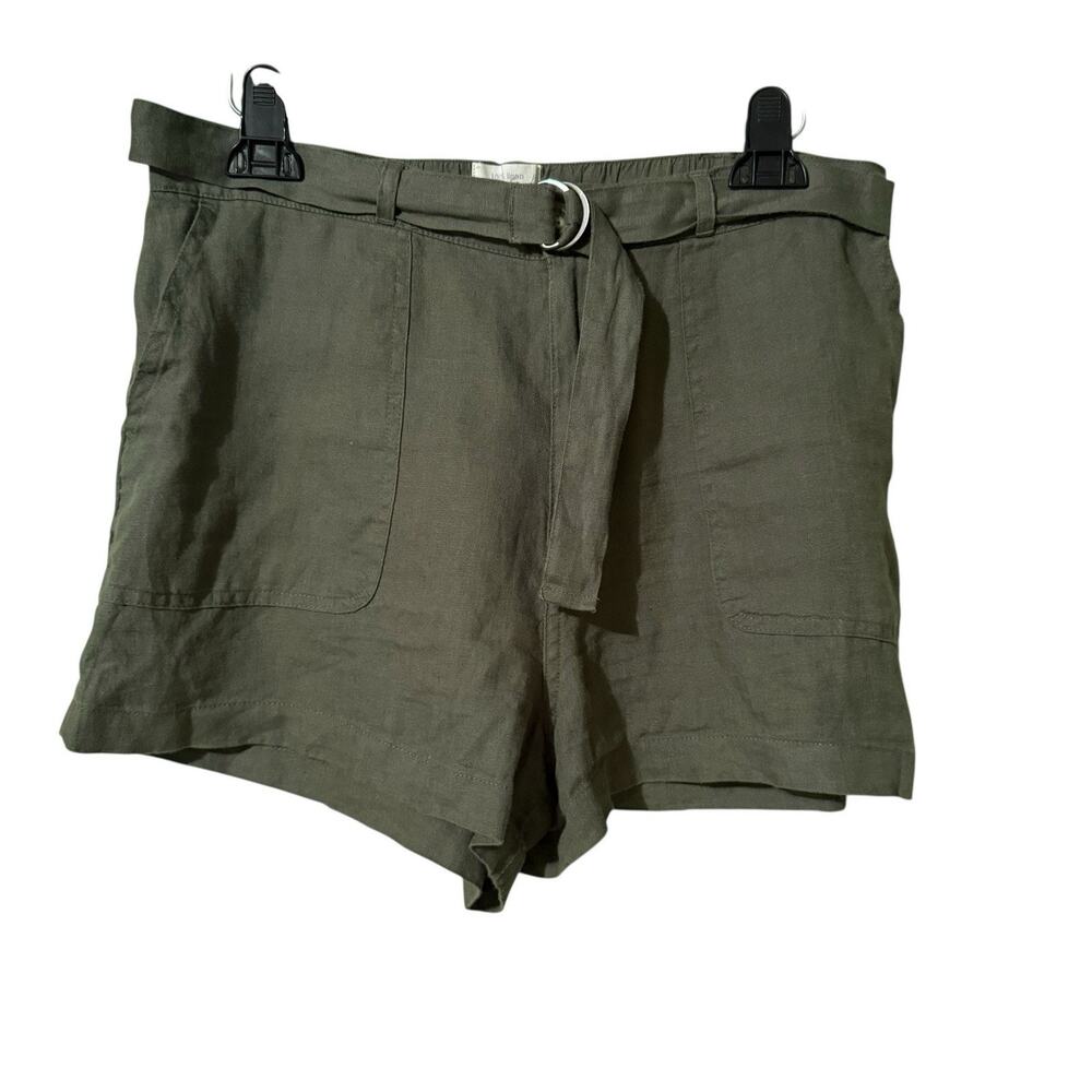 C&C California 100% Linen Women High Waisted Green Belted Paper-Bag Shorts Large - Picture 4 of 13